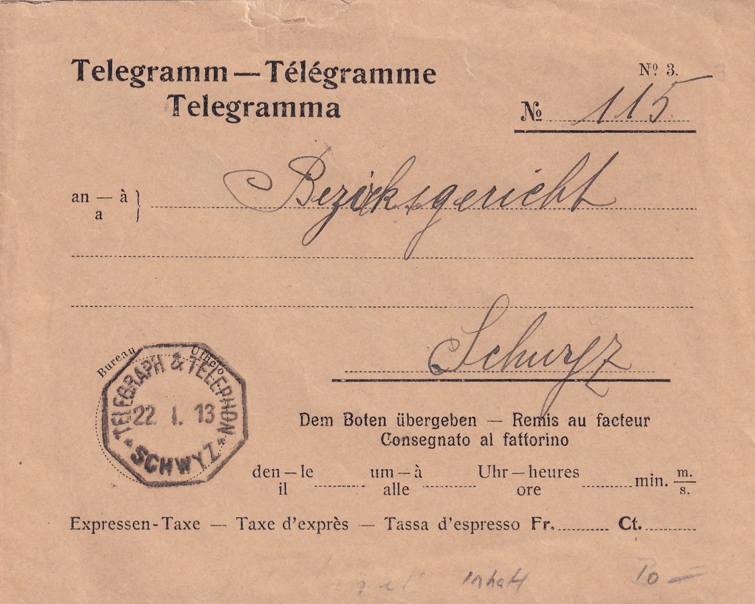 1913 Telegraphenamt Schwyz