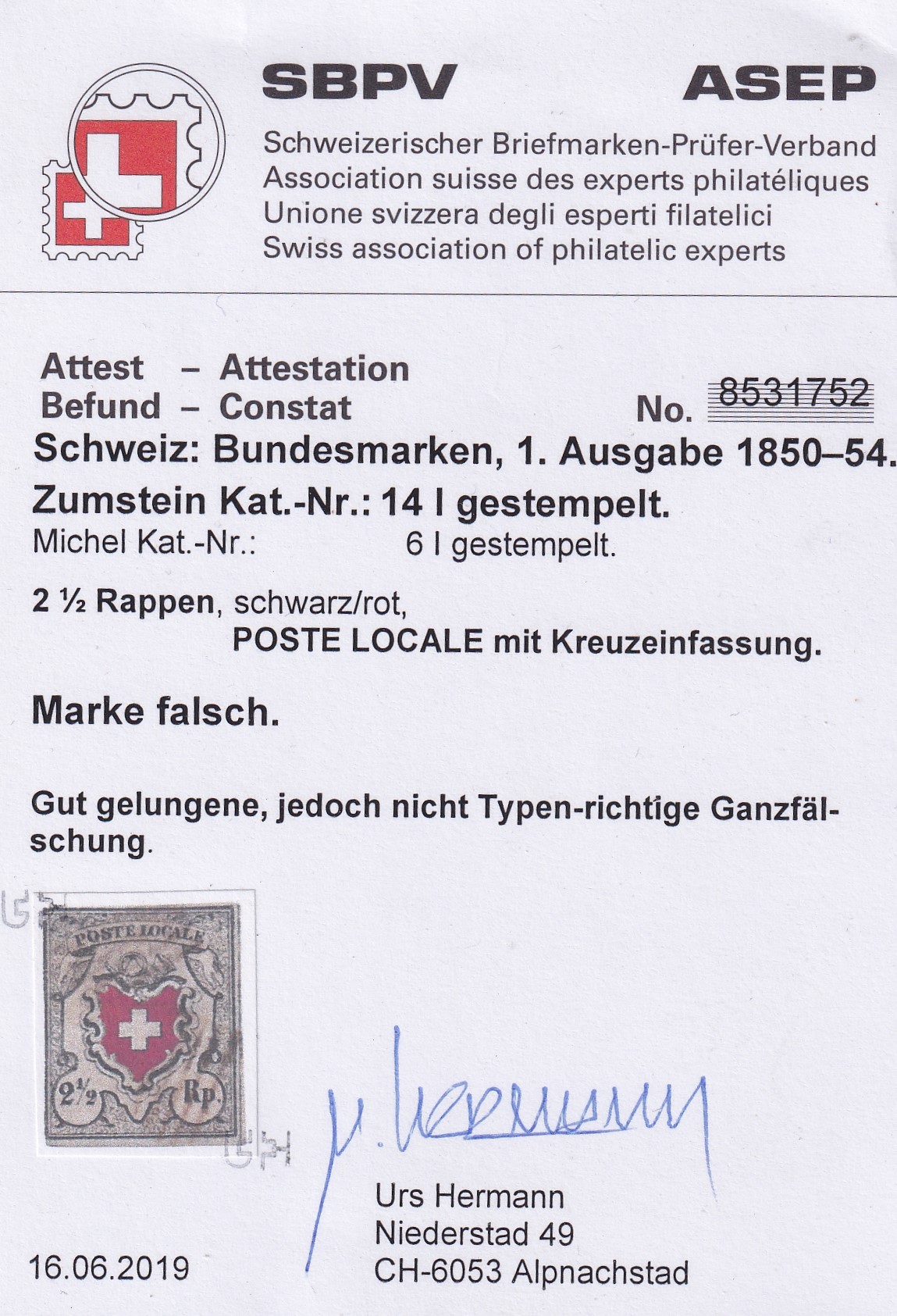 Poste Locale mit Kreuzeinfassung (Fälschung mit Attest)