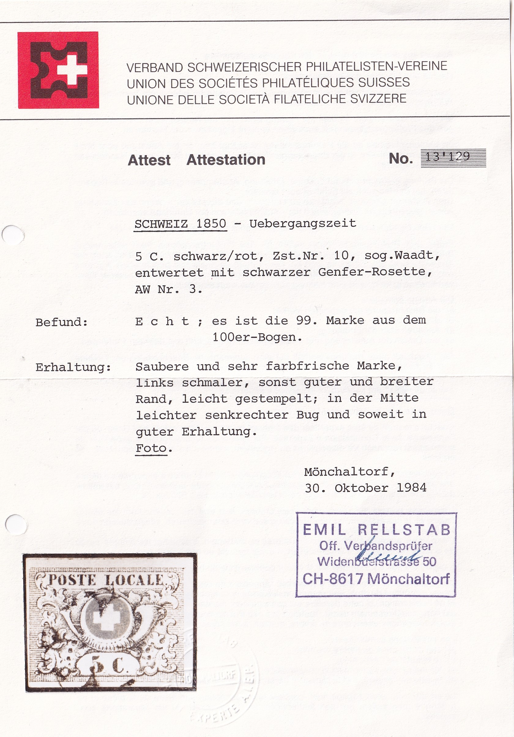 Waadt 5 gestempelt mit Attest Rellstab