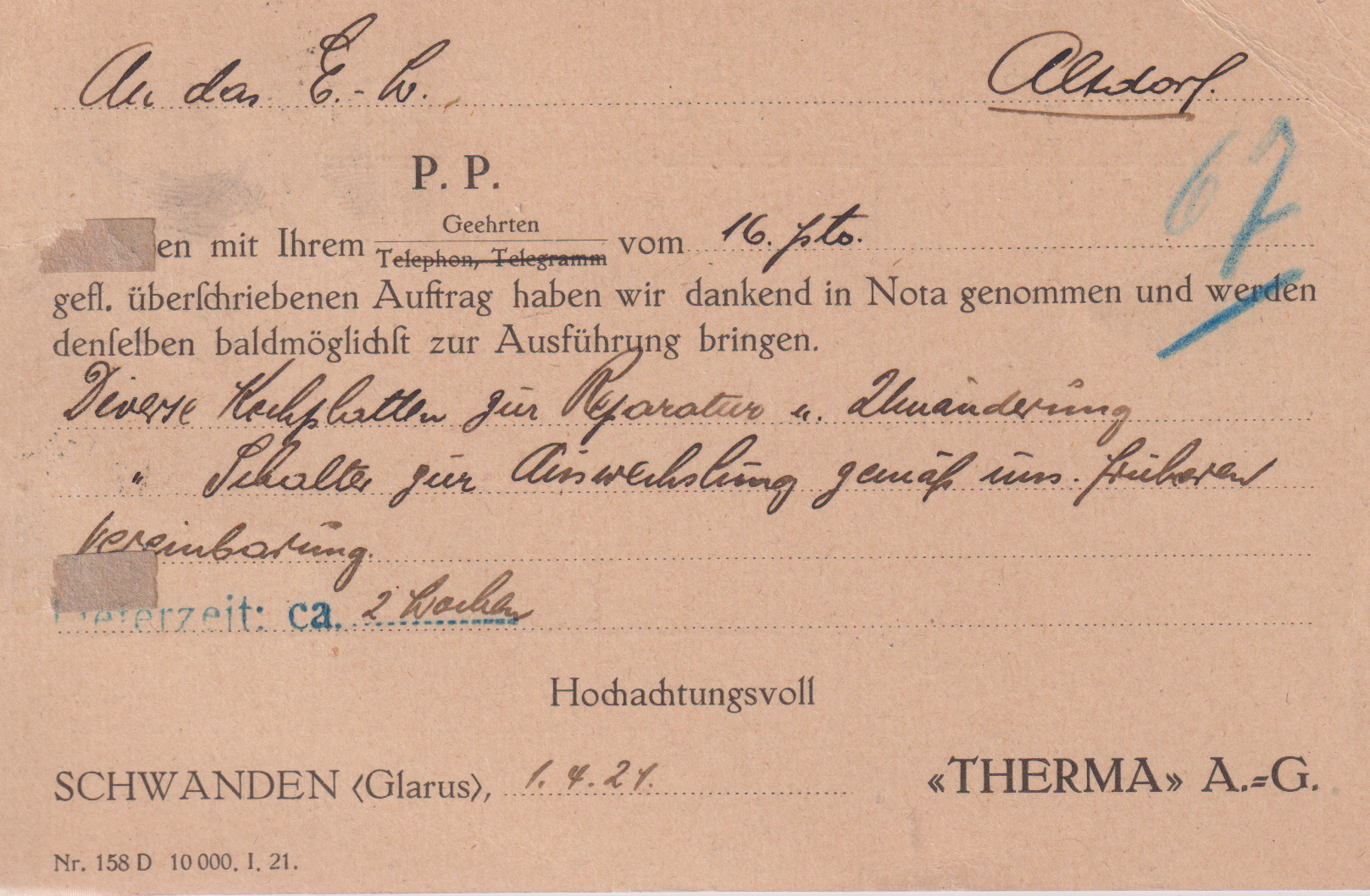 Perfin T17 auf Postkarte