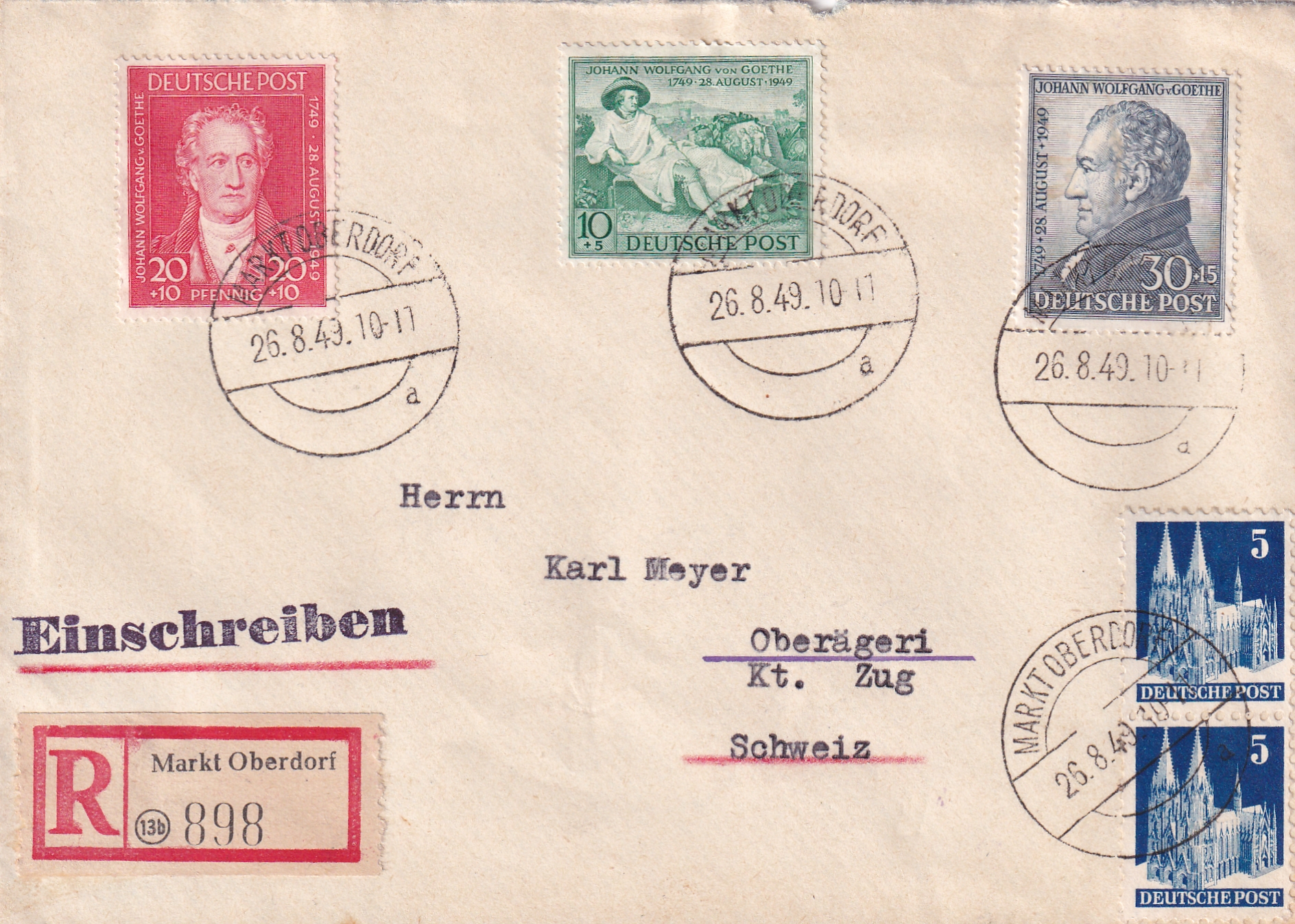 Amerikanische und Britische Zone 1949 MI Nr. 108 -110  Marktoberdorf - Oberägeri CH