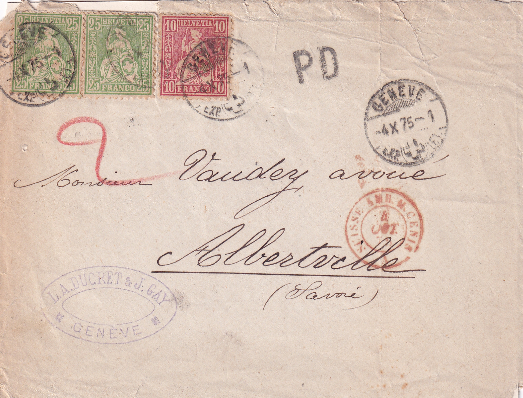 4.10.1875 SBK 38 + 40 auf Brief Genf - Albertville ( F)