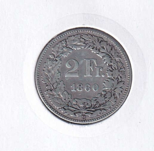 2 Fr. Silber 1860 gebrauchte Spuren