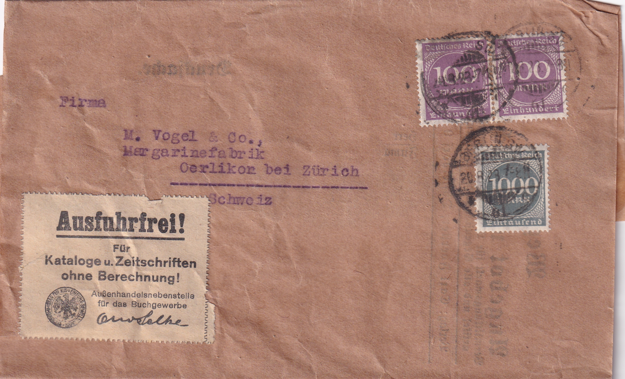 20.08.1923 Zeitungsdrucksache Berlin - Zürich