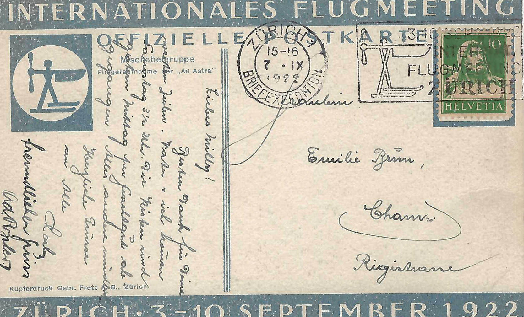Int. Flugmeeting  Zürich Postkarte nach Cham