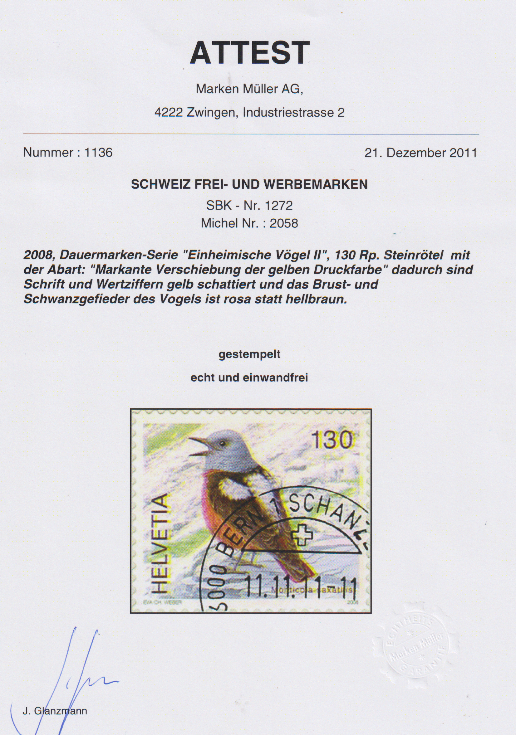 2008 Einheimische Vögel Abart Postfrisch SBK Nr. 1272