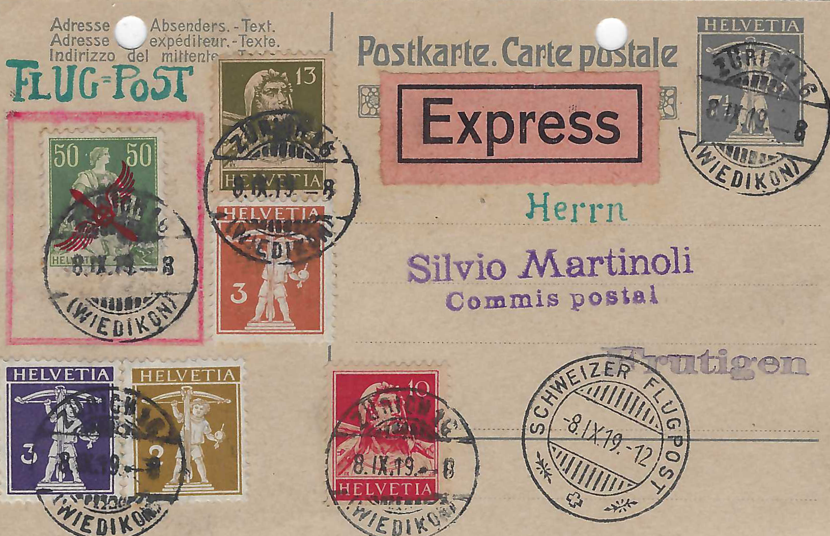 Flugpost  EXPRESS 8.9.1919 Zürich Wiedikon - Frutigen