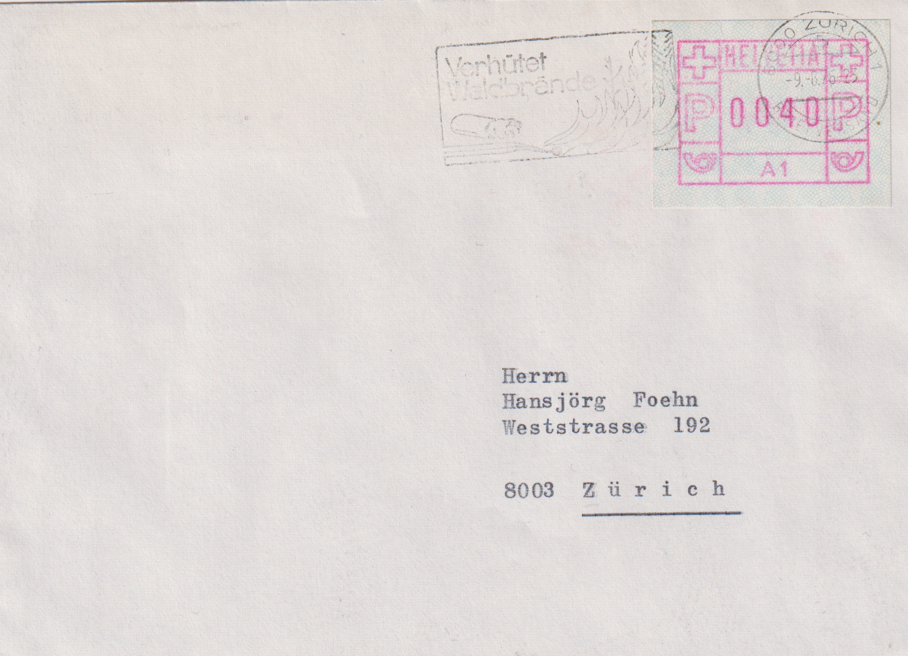 Ersttagsbrief vom Automat in Zürich A1 9.8.1976  Gelaufener Portogerechter Brief